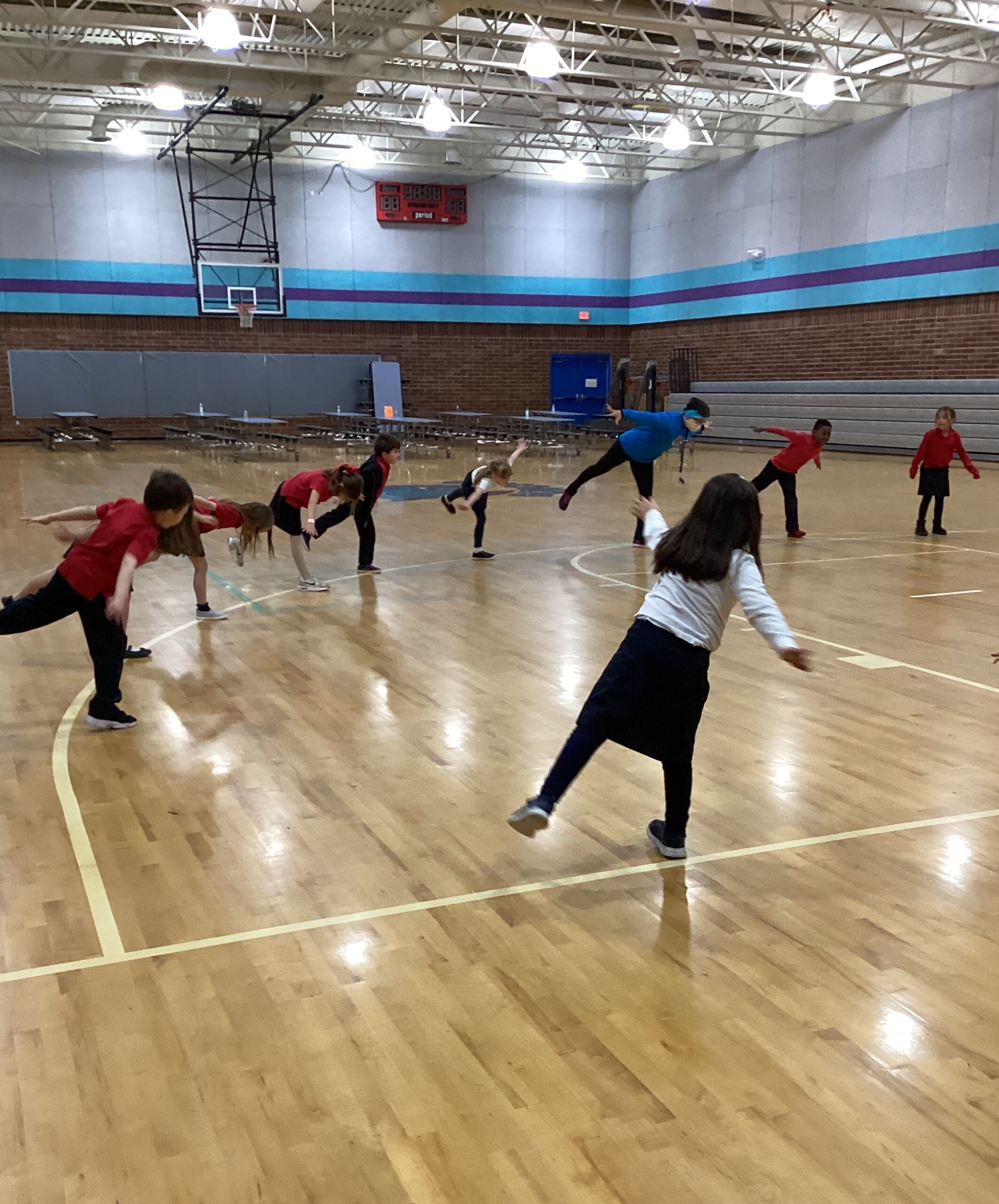 students stretching in the gym with the PE teacher